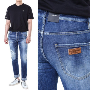 DSQUARED2 디스퀘어드2 1995로고 레더패치 멀티 디스덧댐 중청 워싱진