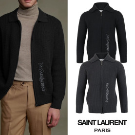 SAINT LAURENT 생로랑 레터링 자수 와플 니트 집업