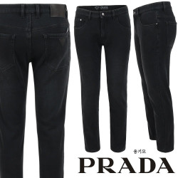 PRADA 프라다 레더 삼각로고 블랙 슬림 일자진