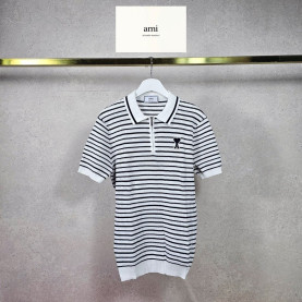 AMI 아미 스트라이프 반지퍼 카라 니트 하프 2COLOR